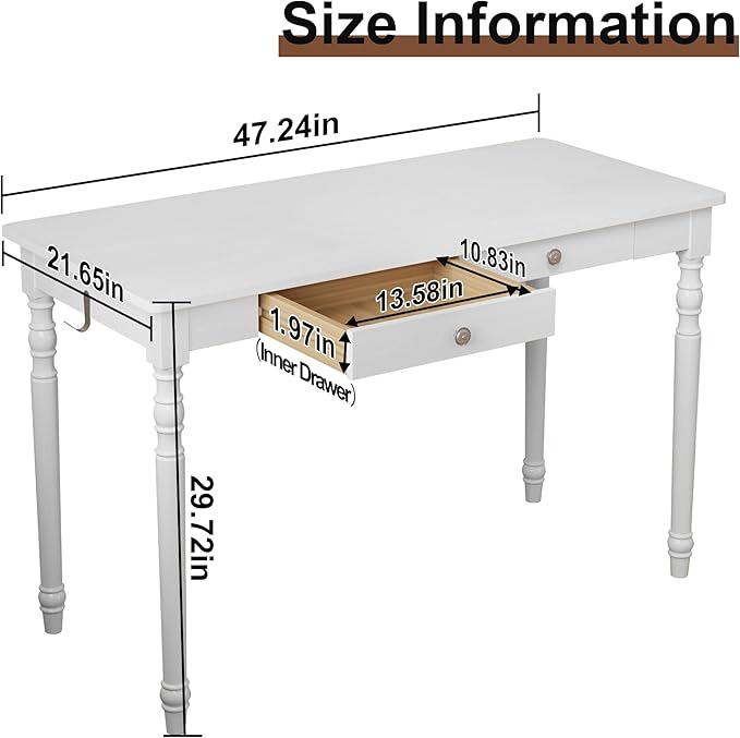Mid Century Modern Desk, 47" White Solid Wood Desk with 2 Drawers, Wooden Writing Desk Computer Table for Home, Office, Bedroom, Living Room