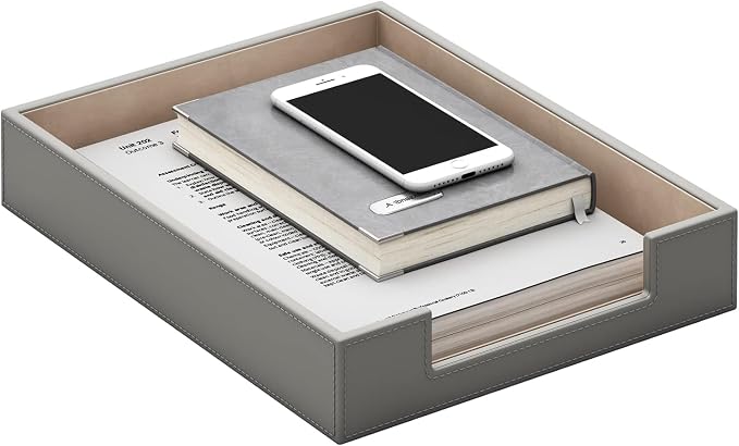 Leather Letter Tray, AUVAHOX Elegant Desk Organizer for Office Supplies, Mail, Paper, File, Magazine, Perfect Space Saver for Desk (Grey)