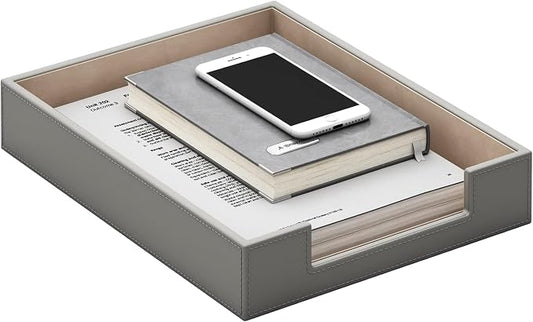 Leather Letter Tray, AUVAHOX Elegant Desk Organizer for Office Supplies, Mail, Paper, File, Magazine, Perfect Space Saver for Desk (Grey)