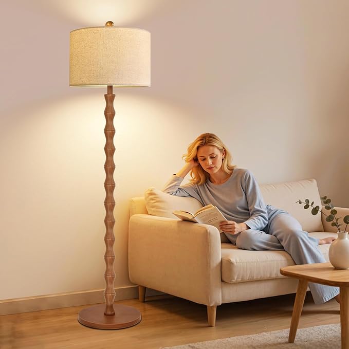 Vintage Floor Lamp for Living Room,Bedroom,Farmhouse Mid Century Standing Lamp with Remote,Dimmable Rustic Industrial Wood Tall Lamp Retro Floor Light Boho Bohemian
