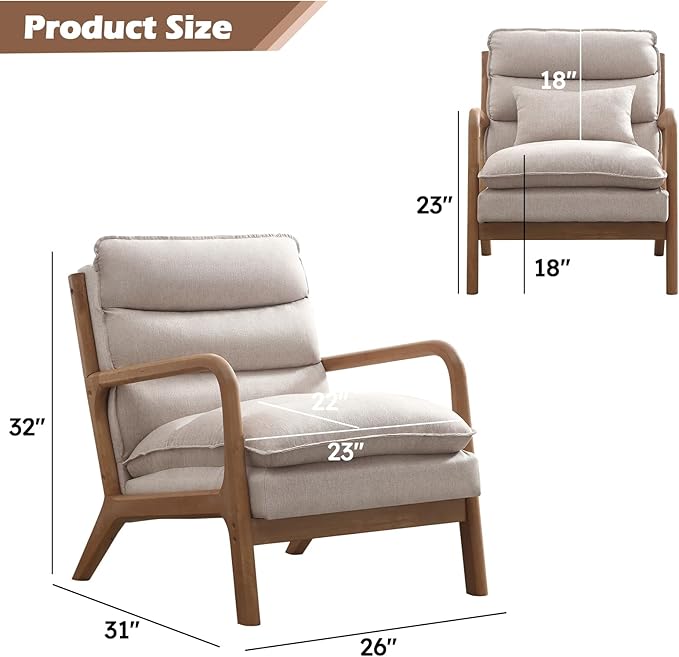 Mid Century Modern Accent Chair, Upholstered Lounge Armchair with Plump Back Pillow, Comfy Reading Chair with Solid Wood Frame for Bedroom Living Room Set of 2, Beige