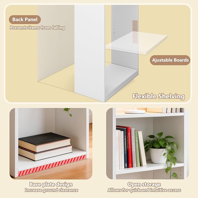CTESNE【2026 Adjustable Shelves 5-Tier Bookcase, 71 inches, Wooden Open Display Floor Bookshelf (White)
