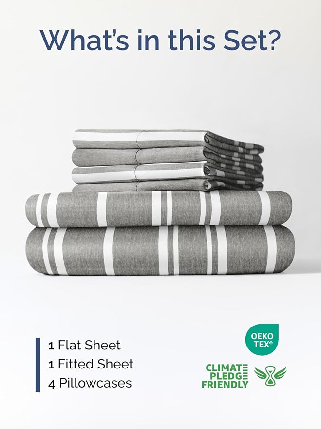 Extra Deep Cal King Sheet Set - 6 Piece Breathable and Cooling Sheets - Hotel Luxury Bedding for Women, Men, Kids & Teens - Easy Secure Fit - Soft & Wrinkle Free - Extra Deep Pockets - Grey Stripes