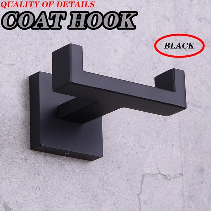 GERZWY Bathroom Matte Black Double Coat Hook SUS 304 Stainless Steel Towel/Robe Clothes Hook for Bath Kitchen Modern Hotel Style Wall Mounted AG1407B-BK