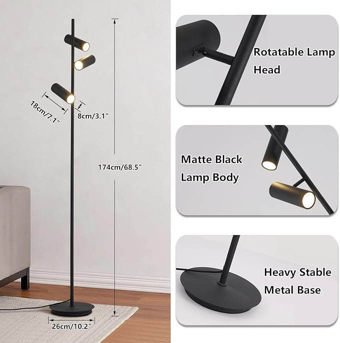 KCO Lighting Matte Black Tree Floor Lamp with 3 Adjustable Rotating Lights Mid Century Modern Bright Floor Lamps Tall Reading Lamps Floor Standing Industrial Vintage Standing Lamp