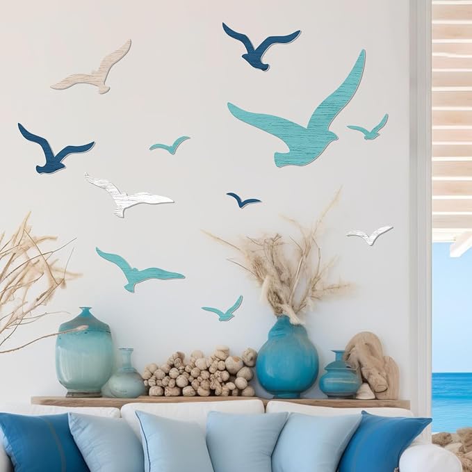 Zzbakress 11 Pcs Wooden Seagull Wall Decor Nautical Coastal Beach Wall Art Vintage Ornaments Unique Sea Birds Wall Sculpture for Home Bathroom Living Room Bedroom (Minimalist)