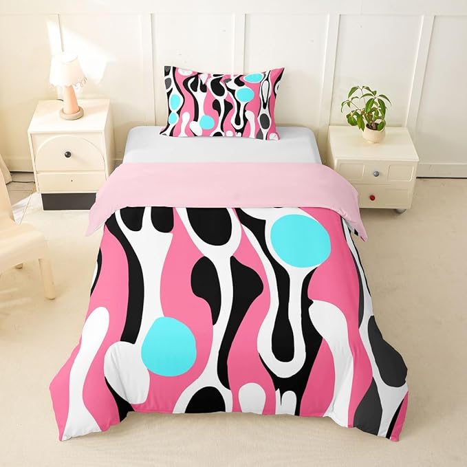 Erosebridal Mid Century Modern Abstract Duvet Cover Set Vintage Geometric Twin Bedding Sets for Girls Preteen Boys Contemporary Organic Shapes Comforter Cover Squiggle Blob Bed Set,Pink Turquoise