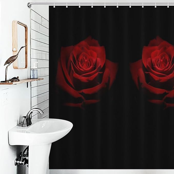 Red Rose Floral Shower Curtains Romantic Red Roses Artistic Theme Waterproof Shower Curtains for Bathroom Decor 12 Pack Hooks 66x72in（168x183cm）