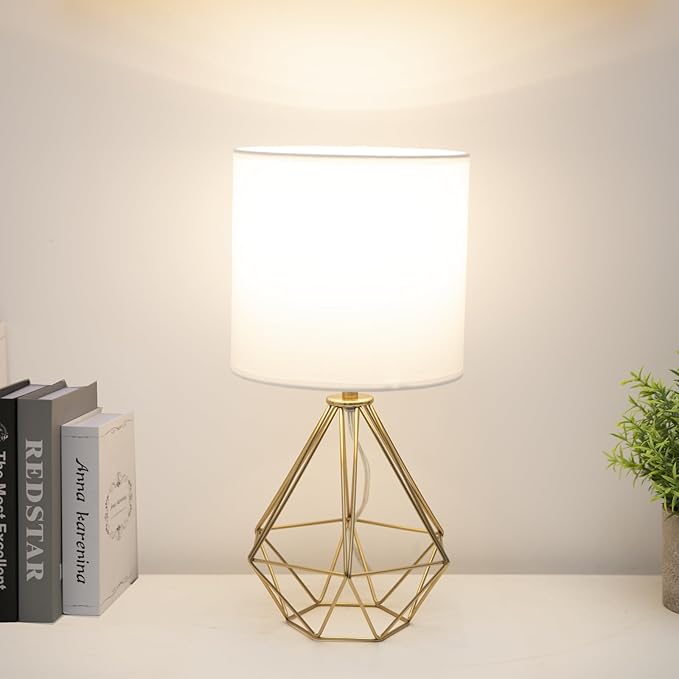 Gold Modern Small Table Lamp for Bedroom & Living Room - Geometric Metal Base, White Fabric Shade, Ideal for Bedside & Kids' Desk, Nightstand Lamp