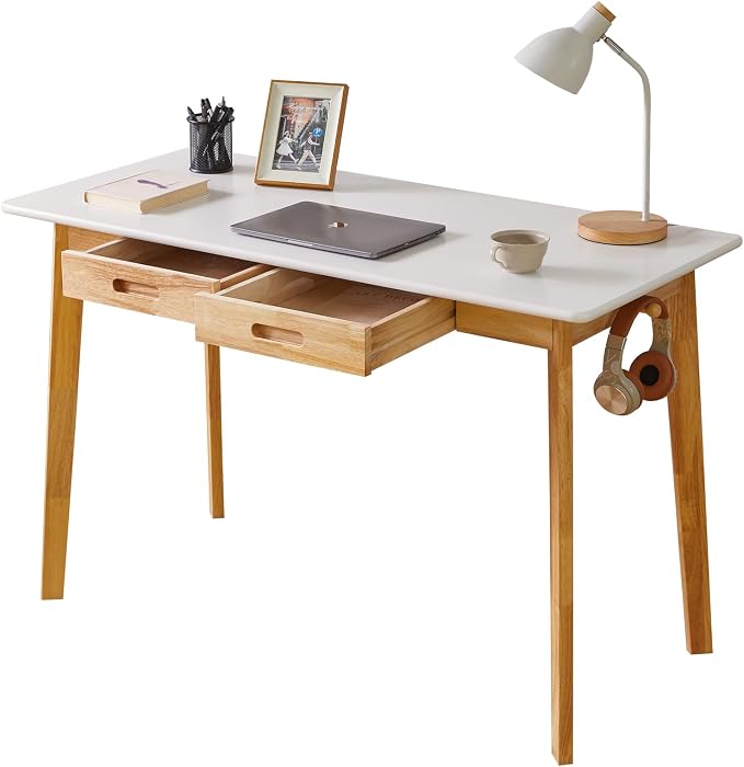 Aibiju Computer Desk with 2 Drawers, 47" Solid Wood Home Office Writing Desk, Compact Simple Tables with Hook for PC, Laptop, Students, Study, Makeup, Bedroom White + Natural Wood Legs YD-WD03WN