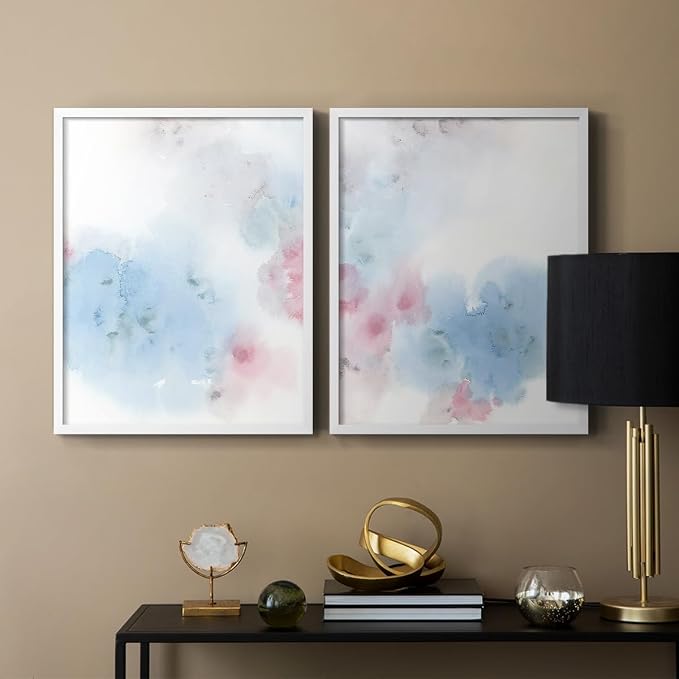 Renditions Gallery Set of 2 Peel & Stick Framed Prints, Watercolor Abstract Wall Art, Cotton Candy Splash Wall Decor, Re-Stickable - Ready to Hang - 8"x10" - White Frame LT588