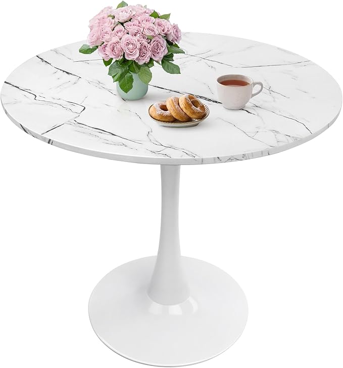 Round Dining Table 31.5" Faux Marble White Tulip Table with Pedestal Base for 2-4 People Small Space - Kitchen Living Room Cafe