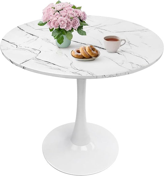 Round Dining Table 31.5" Faux Marble White Tulip Table with Pedestal Base for 2-4 People Small Space - Kitchen Living Room Cafe