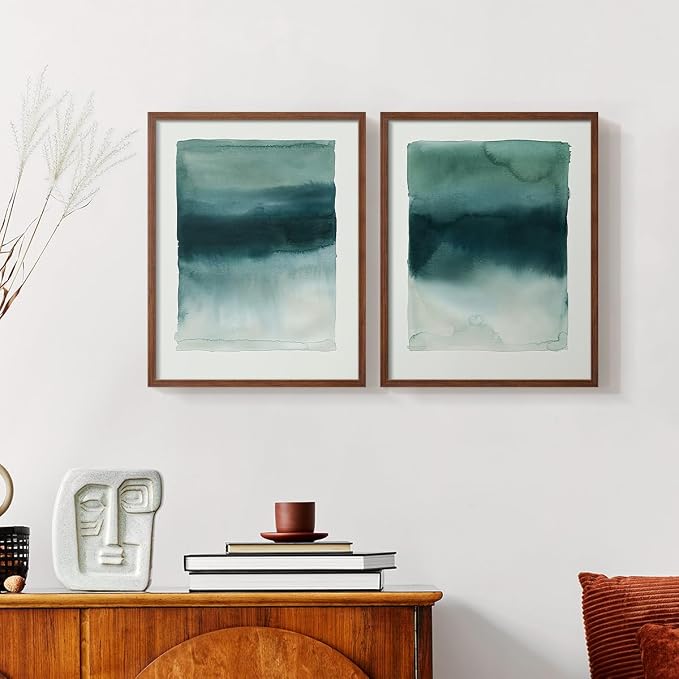 Renditions Gallery Set of 2 Peel & Stick Framed Prints, Tie Dye Abstract Wall Art, Sage Green Watercolor Horizon Wall Decor, Re-Stickable - Ready to Hang - 22"x28" - Walnut Frame LT588