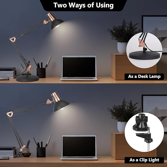 FIRVRE Black Retro Metal Swivel Arm Desk Lamp Adjustable Architect Morden Table Lamp High Task Lamp with Switch for Bedroom Study Room Home Office