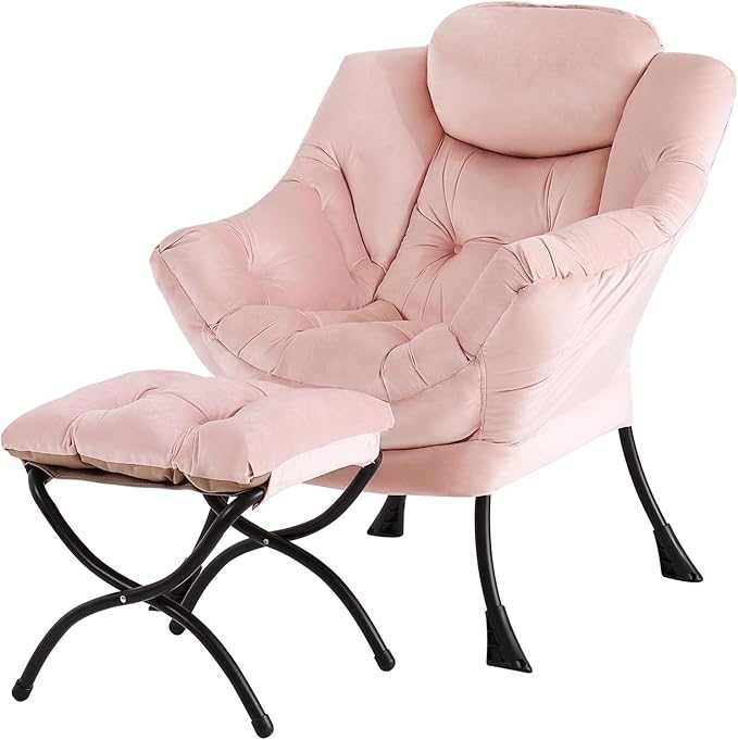 Tiita Lazy Chair with Ottoman, Pink Modern Large Accent Chair, Comfy Leisure Sofa Armchair with Ottoman, Reading Chair with Footrest for Bedroom, Living Room, Dorm Rooms, Velvet Pink