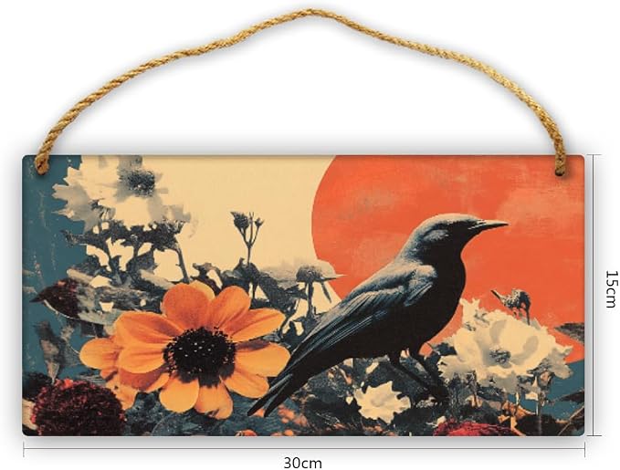 Retro Black Bird & Red-White Flowers Art Wooden Sign 12x6 Inch - Eclectic Living Room Decor for Vintage Fans - Ideal Gift for Unique Interior Collectors