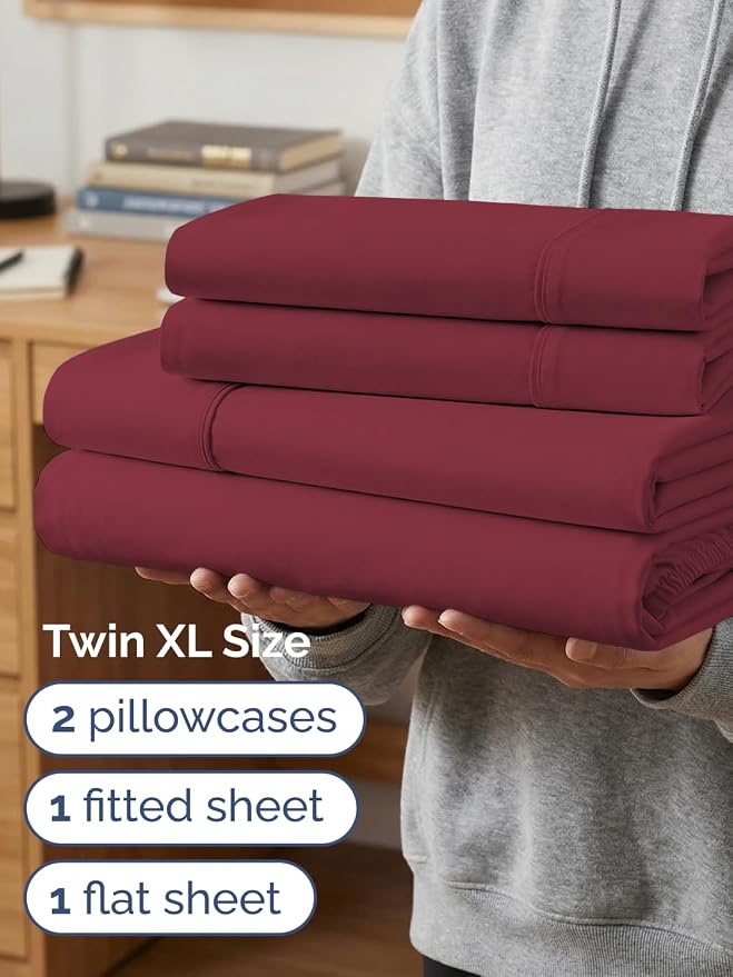 Extra Deep Twin XL Sheet Set - 4 Piece College Dorm Bed Sheets Set with Extra Deep Pockets - Ultra-Soft, Comfy & Breathable Bedding for Women, Men, Kids & Teens - Wrinkle & Fade Resistant - Burgundy