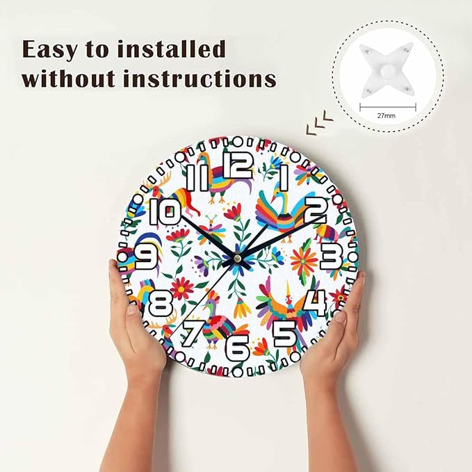 Animals Mexican Wall Clock Battery Operated Flowers Bird Spring Colorful Traditional Clip Art Wall Clock Silent Non Ticking Quality Quartz 10 Inch Round Easy Clock to Read for Home Office