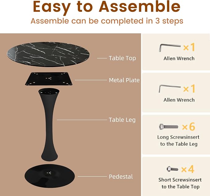 Round Dining Tulip Table for 2, Mid-Century Modern Table with Sturdy Metal Pedestal for Kitchen, Bistro, Cafe, Leisure (Faux Marble Black, 24 INCH)