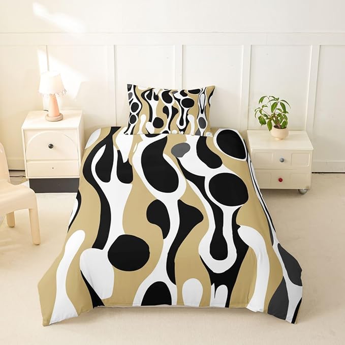 Erosebridal Organic Geometric Duvet Cover Set Modern Abstract Twin Bedding Sets for Girls Teen Boys Retro Mid Century Comforter Cover Modern Fluid Art Irregular Circles Bed Set,Beige Black