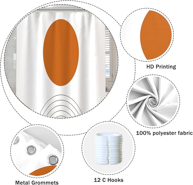 Abstract Mid Century Bohemian Bathroom Shower Curtain Orange Sun Lines Arch with Hooks Waterproof Polyester Fabric Minimalist Home Decor, 72x78 Inch
