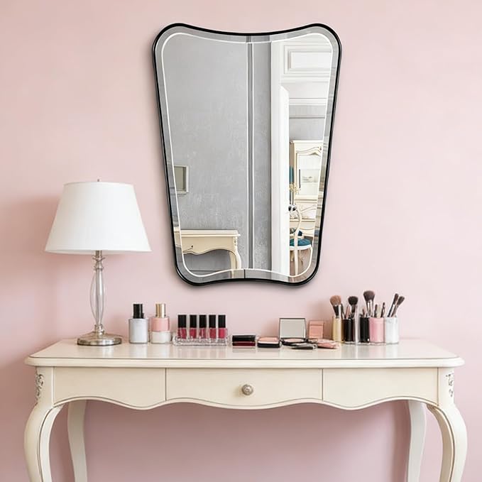 POZINO Vanity Beveled Mirror, 22"x30" Matte Black Rectangle Bathroom Mirror for Over Sink, Modern Irregular Shaped Decorative Mirrors for Bedroom Living Room Entryway Hallway Fireplace