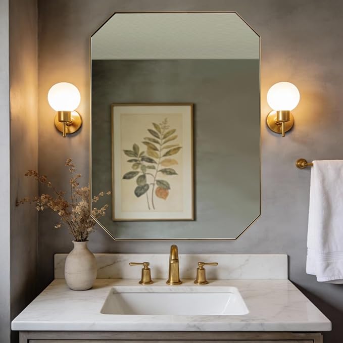 ANDY STAR Gold Octagon Bathroom Mirror, 30x40 Inch Stainless Steel Metal Frame, Anti-Rust, Shatterproof HD Glass, Wall Mounted for Bathroom, Bedroom, Living Room
