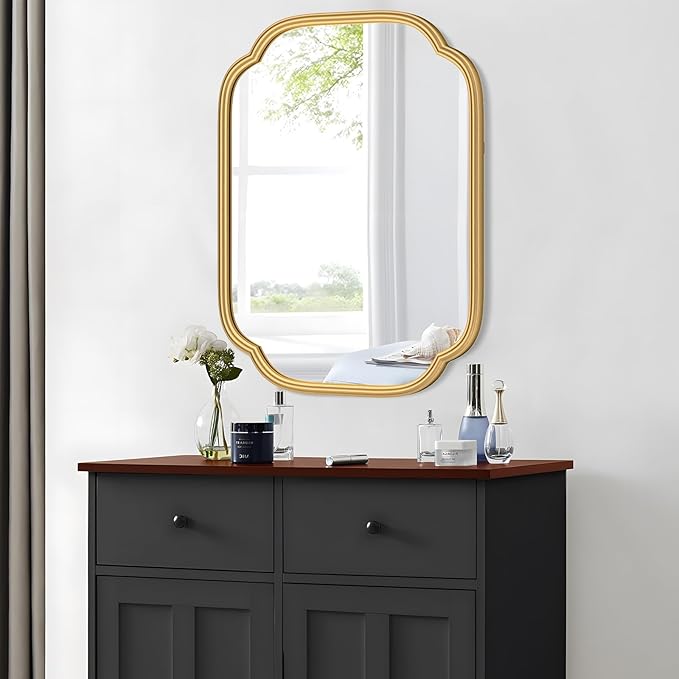 Gold Mirrors for Bathroom, 18" x 24" Rectangular Wall Mirror for Bathroom Metal Frame Farmhouse Rounded Corner Wall Mirror (Horizontal/Vertical)