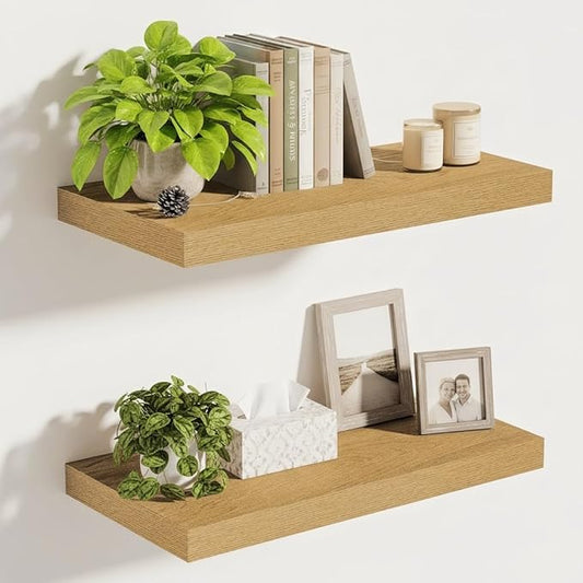 Vivelove 10" Deep Floating Shelves Over Toilet, 16" Wall Shelves for Bathroom Bedroom Kitchen Living Room Laundry Room, Modern Rustic Shelves for Home Decor, 16"x10.2"x1.5", Set of 2, Oak