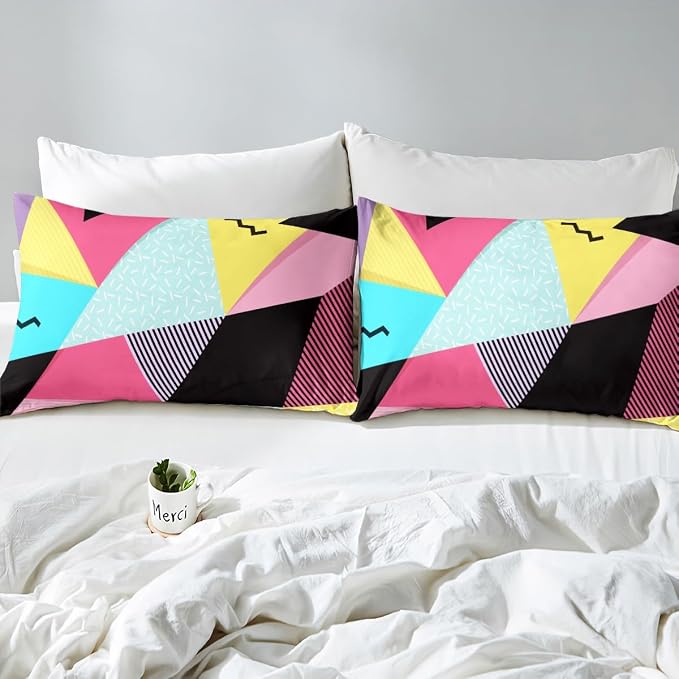 Memphis Duvet Cover Set Queen Size, Retro 80s 90s Fashion Style Comforter Cover with 2 Pillowcases, Colorful Triangle Geometric Bedding Set for Kids Boys Girls Lightweight Bedspread Cover,No Comforter