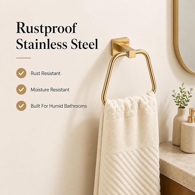 Brushed Gold Towel Ring for Bathroom, Kitchen Bath Towel Holder Hangers Wall Mount Heavy Duty Stainless Steel