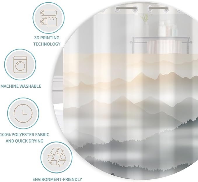 No Hook Shower Curtain with Snap in Fabric Liner Set Nature Misty Mountains Shower Curtains for Bathroom Modern Double Layers Waterproof with See Through Top Window Bath Curtain 71x74 Inch