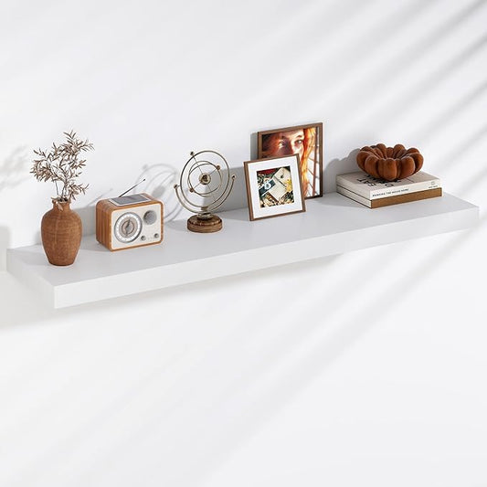 Fun Memories Floating Shelves, 9.3 Inch Deep Solid Pine Wood Wall Shelves for Storage, Rustic Wall Mounted Display Shelf with Invisible Heavy-Duty Metal Bracket, 48 Inch Width, White