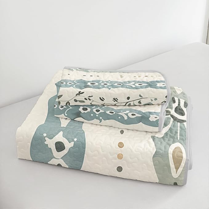 AILONEN Queen Quilted Comforter Set 3 Piece, Ethnic Damask Vertical Bedspread Coverlet 2 Pillowcases, Earthy Teal Brown Bedding Master Bedroom Couples Farmhouse Rustic Chic Medallion Vine