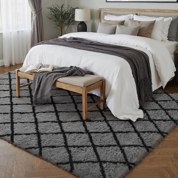 5x8 Checkered Rug for Bedroom Grey and White Modern Soft Area Rug Fluffy Non-Slip Carpet for Living Room Playroom Home Aesthetic Decor