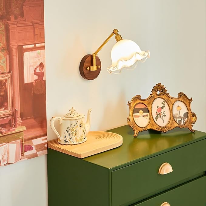 Antique Retro Walnut Copper Swing Arm Wall Lamp - Decorative Bedside Lamp for Bedroom, Study, and Living Room