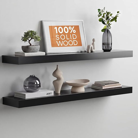 Homeforia Black Floating Shelves 36 inches Long, High End Solid Real Wood 36 inch Floating Shelf for Wall Mounted, Black Wooden 36in Floating Shelves, Heavy Duty Bracket, 36 X 6.5 X 1.75 in, Set of 4