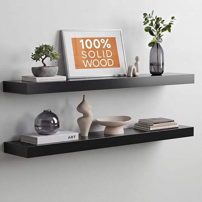 Homeforia Black Floating Shelves 36 inches Long, High End Solid Real Wood 36 inch Floating Shelf for Wall Mounted, Black Wooden 36in Floating Shelves, Heavy Duty Bracket, 36 X 6.5 X 1.75 in, Set of 3