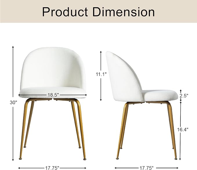 Casaphoria Dining Chairs Set of 2, Modern White and Gold Upholstered Accent Chairs with Metal Legs, Ergonomic Comfy Vanity Chair for Kitchen, Living Room, and Bedroom