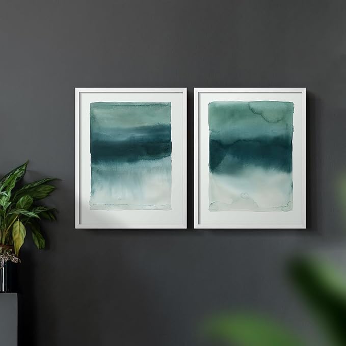 Renditions Gallery Set of 2 Peel & Stick Framed Prints, Tie Dye Abstract Wall Art, Sage Green Watercolor Horizon Wall Decor, Re-Stickable - Ready to Hang - 16"x20" - White Frame LT588