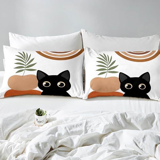 Erosebridal Funny Cat Duvet Cover Full Boho Mid Century Bedding Set Modern Minimalism Animals Comforter Cover for Kids Girls Boys Adults Abstract Geometric Bed Set