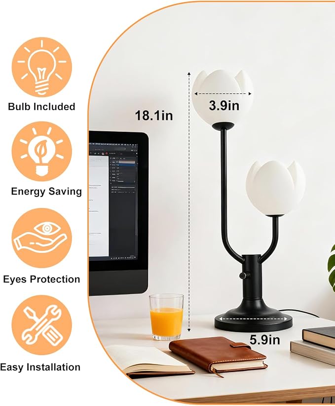 Lightdot Black Flower Table Lamp for Bedroom, 2 Floral Heads 3000K Warmwhite Dimmable Bedside Lamps with Plug, Mid Century Modern Small Desk Lamp for Living Room Nightstands Home Office