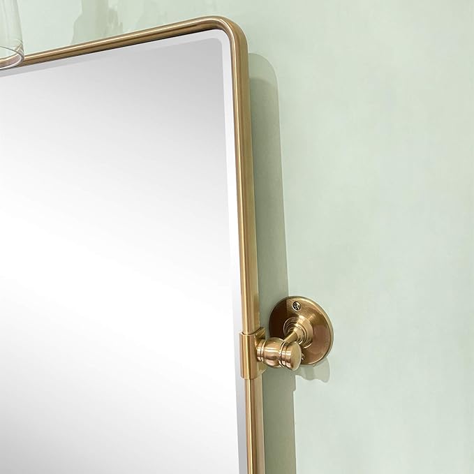 TEHOME Gold Pivot Rectangle Bathroom Vanity Mirrror Farmhouse Tiltable Rounded Metal Framed Pivoting Bathroom Mirror with Beveled Mirrror, Overall 26.91 x 35 inches (Mirrror 23 x 35 inches)
