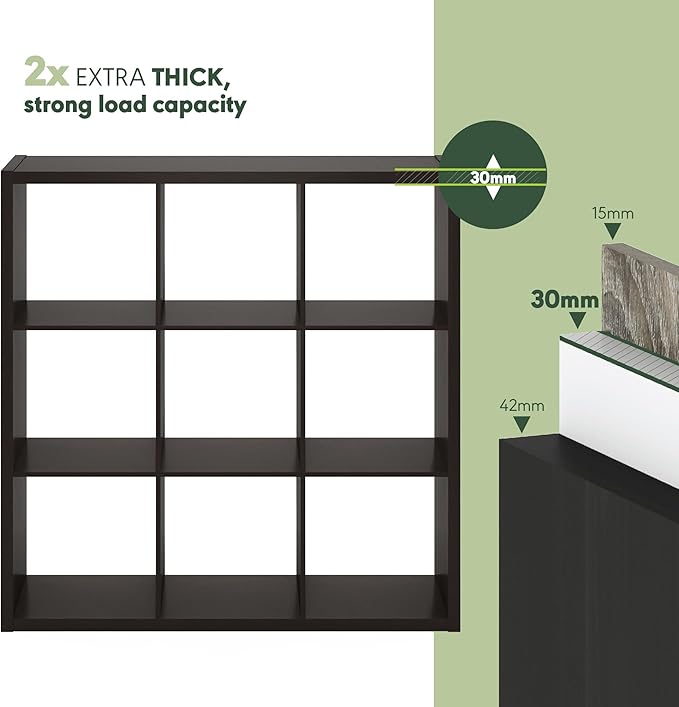 Furinno CUBICLE Book Shelf, 9-Cube Bookshelf, Extra Thick Frame Reversible Bookcase with Open Back, 14.6" x 44" x 44", for Living Room, Bedroom, Home Office, Black Dark Oak