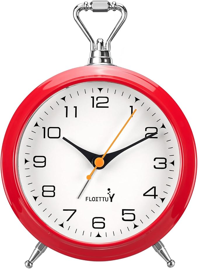 FLOITTUY 4.5" Battery Operated Antique Retro Analog Metal Alarm Clock, Silent Bedside Desk Clock, Wall-Hanging Vintage Clock(Cherry Red)
