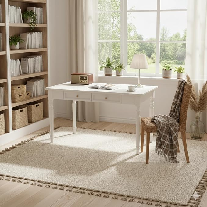 French Country Desk, 39.4 Inch White Writing Desk with Drawers, Easy Assembly SXC-D776 (M)