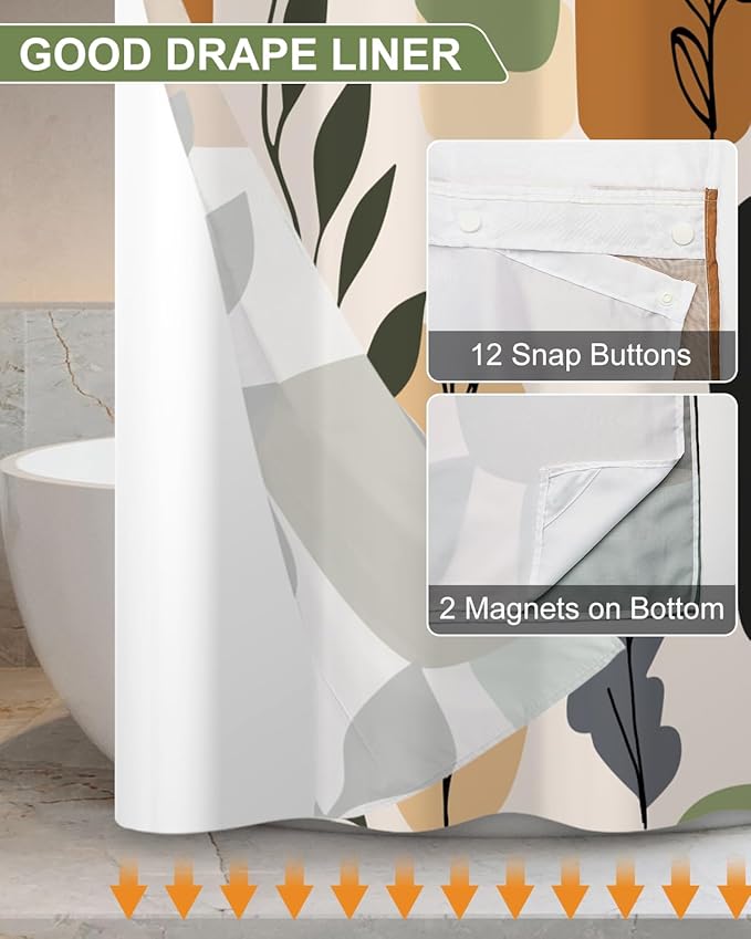 No Hook Shower Curtain and Snap in Liner Set - Modern Abstract Botanical Geometric Pattern Shower Curtains for Boho Mid-Century Bathroom, Waterproof Bath Tub Curtain with Mesh Top, 71Wx74H
