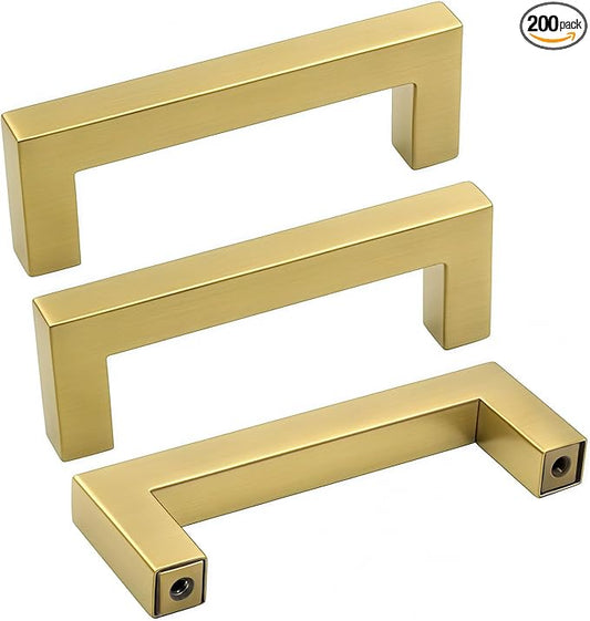 goldenwarm Brass Drawer Pulls Gold Cabinet Pulls 3in Kitchen Cabinet Handles Euro Bar Cabinet Hardware Brushed Gold Dresser Pulls Cupboard Closet 3-1/2 Inch Overall Length 200 Pack