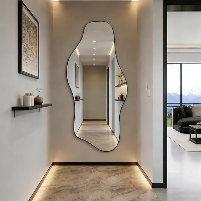 Large Irregular Mirror, 63"x30" Asymmetrical Tempered Glass Mirror Full Length, Organic Shaped Wall Mirrors for Entryway Hallway Bedroom Living Room, Horizontal or Vertical Hanging